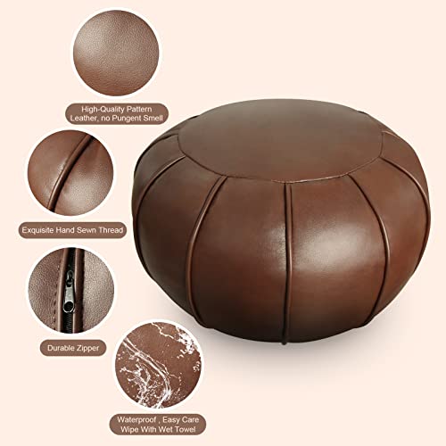 Dayer Home Pouf Ottoman, Unstuffed Round Pouf Ottoman Cover, Faux Leather Moroccan Footstool, Storage Solution - Natural Brown Color (Brown, 21x13) Poufs for Lving Room Gifts for Women Man
