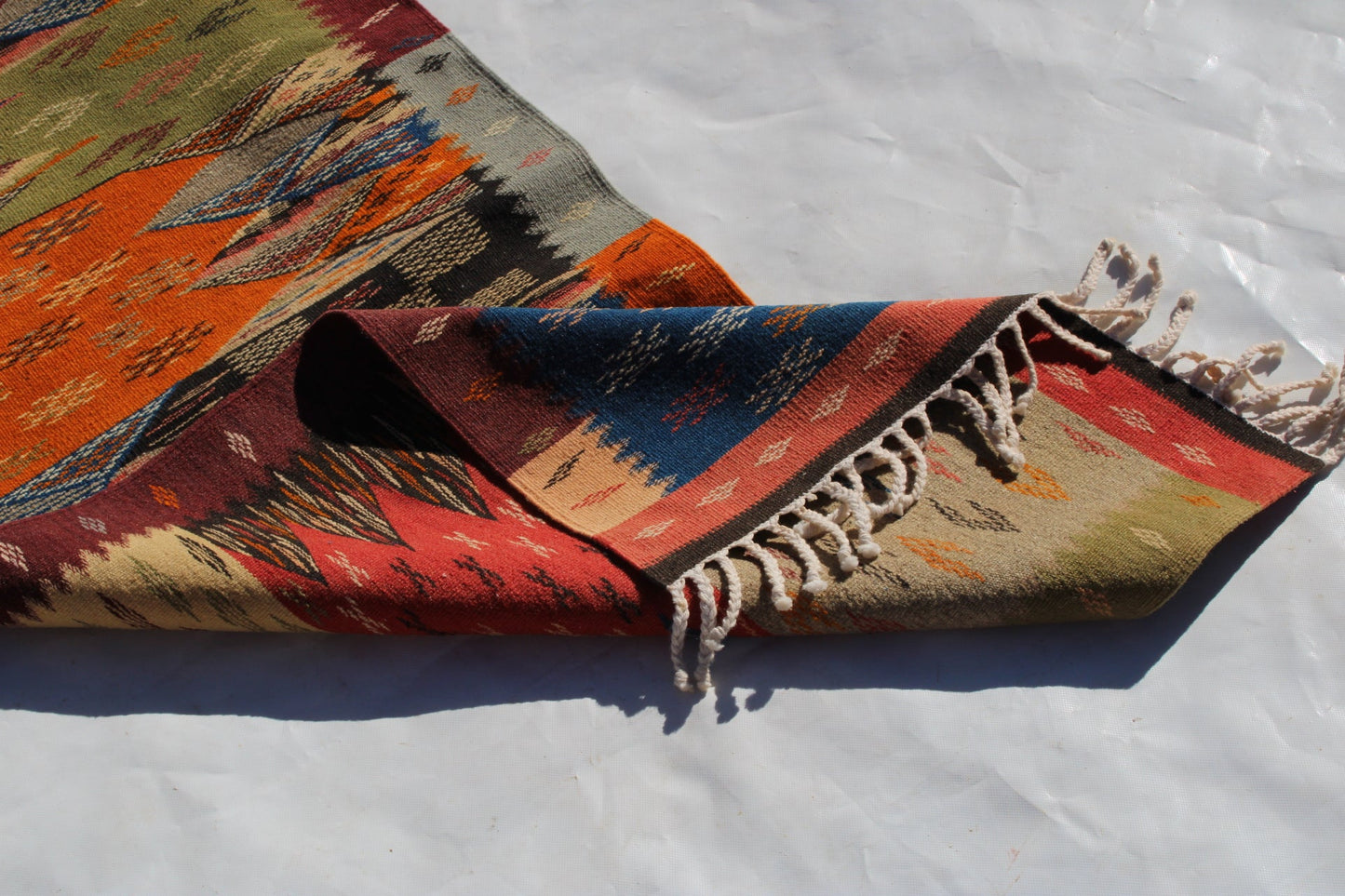 Authentic Moroccan Berber Kilim Rug Picasso Taznakht T63. Handmade tribal rug, expertly woven with traditional craftsmanship 150x60 cm