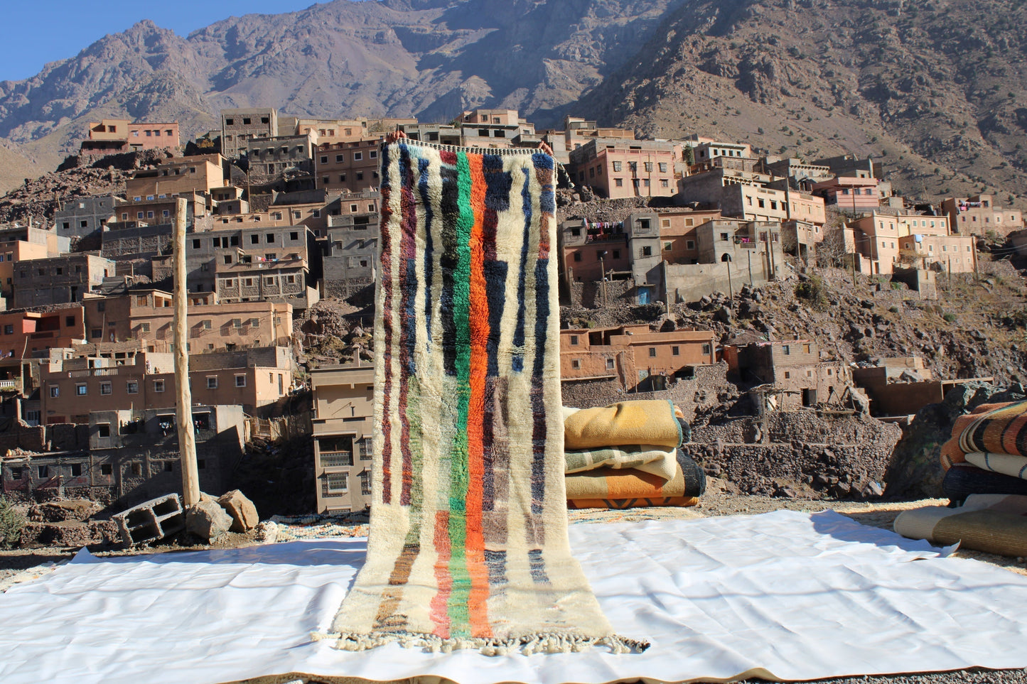 Beni Ourain rugs originate from the Atlas Mountains of Morocco and are characterized by their distinctive, neutral-toned, and geometric designs. These handwoven rugs often feature a plush pile and are made by the Berber tribes, size is 365x92 cm