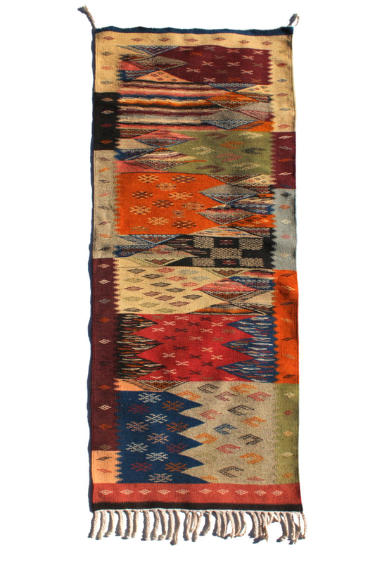 Authentic Moroccan Berber Kilim Rug  Picasso Taznakht T63. Handmade tribal rug, expertly woven with traditional craftsmanship 150x60 cm