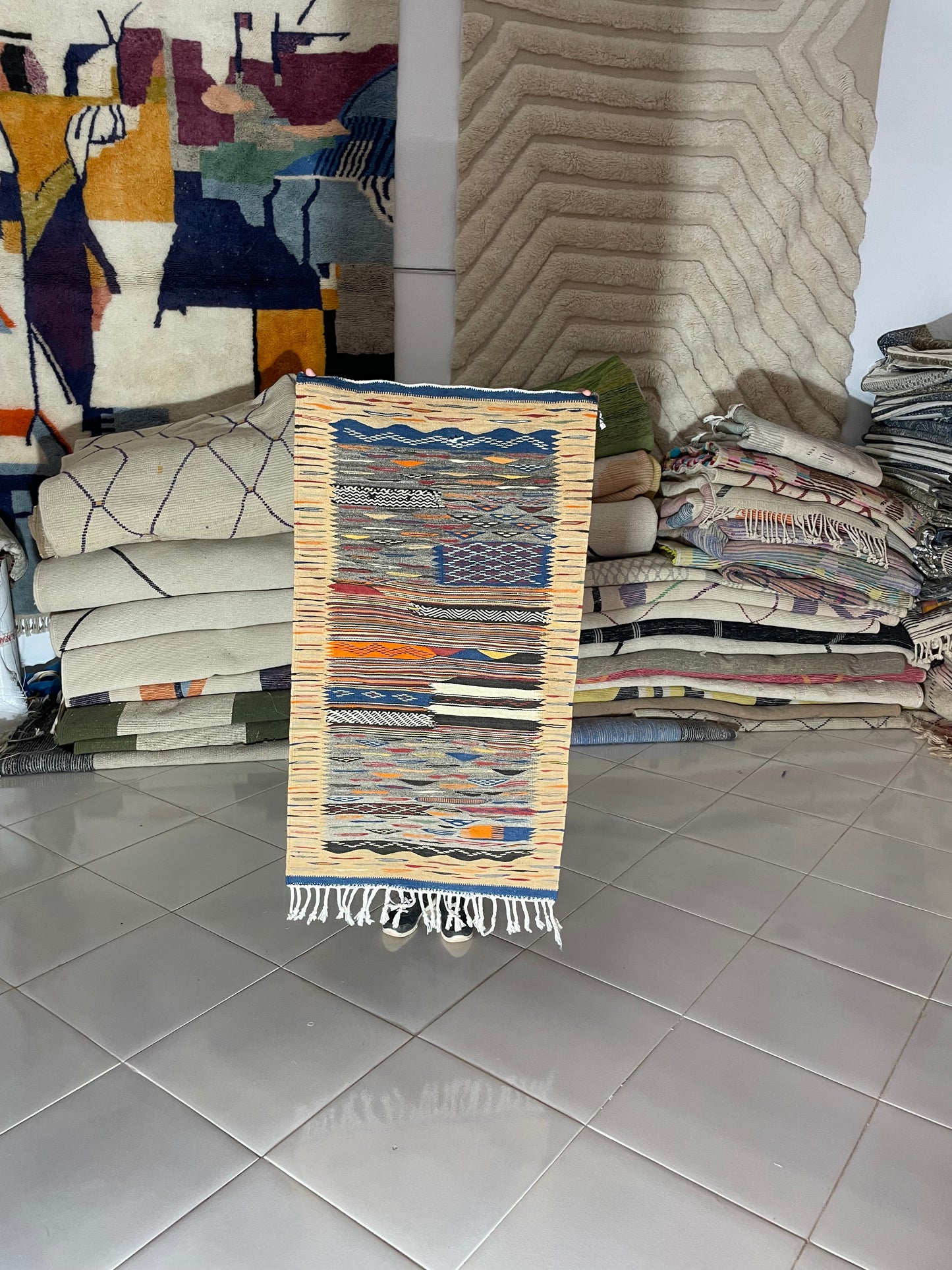 Picasso-Inspired Wool Rug – 120x70 cm (3.9 x 2.3 ft), Abstract Handwoven Design with Braided Fringe