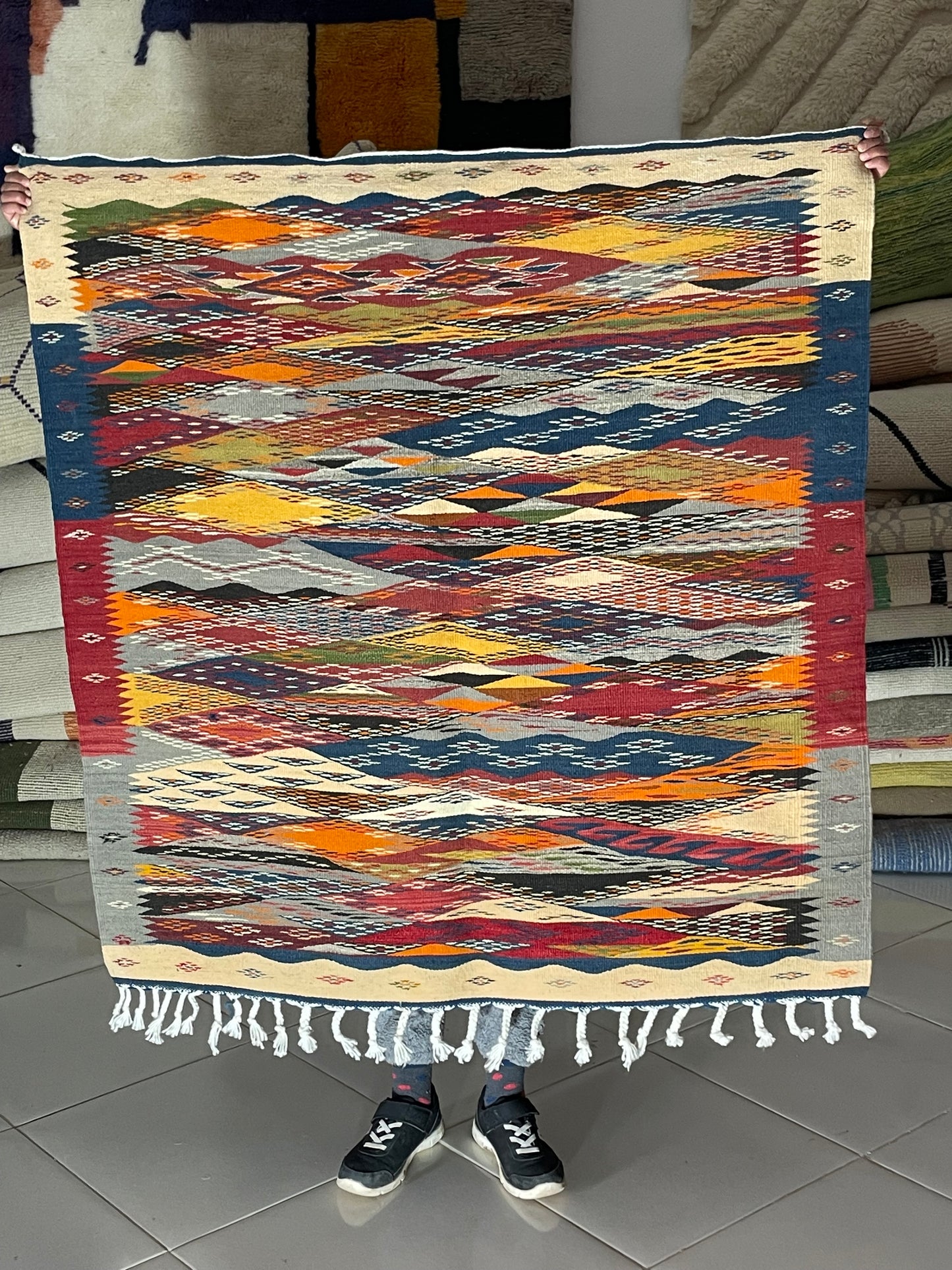 Buy Picasso-Inspired Wool Rug 100x100 cm (3.3x3.3 ft) | Handwoven, Reversible Design, Braided Fringe – Artistic Home Decor