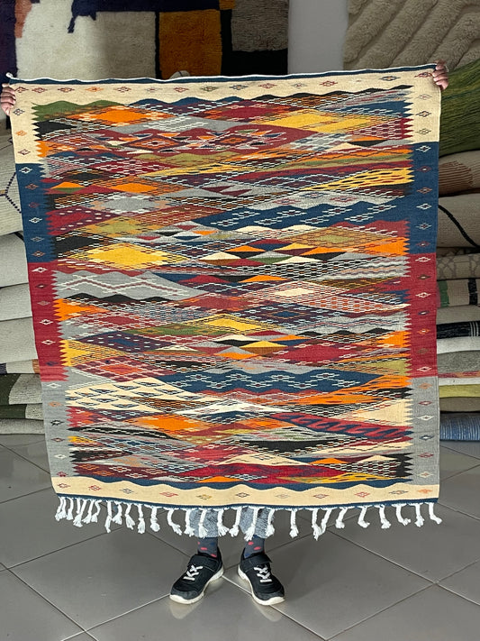 Buy Picasso-Inspired Wool Rug 100x100 cm (3.3x3.3 ft) | Handwoven, Reversible Design, Braided Fringe – Artistic Home Decor