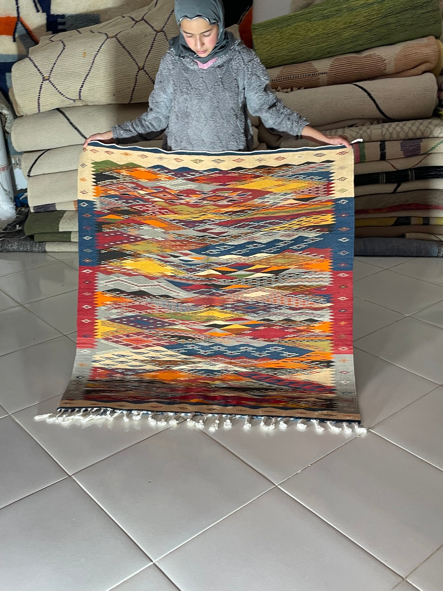 Buy Picasso-Inspired Wool Rug 100x100 cm (3.3x3.3 ft) | Handwoven, Reversible Design, Braided Fringe – Artistic Home Decor