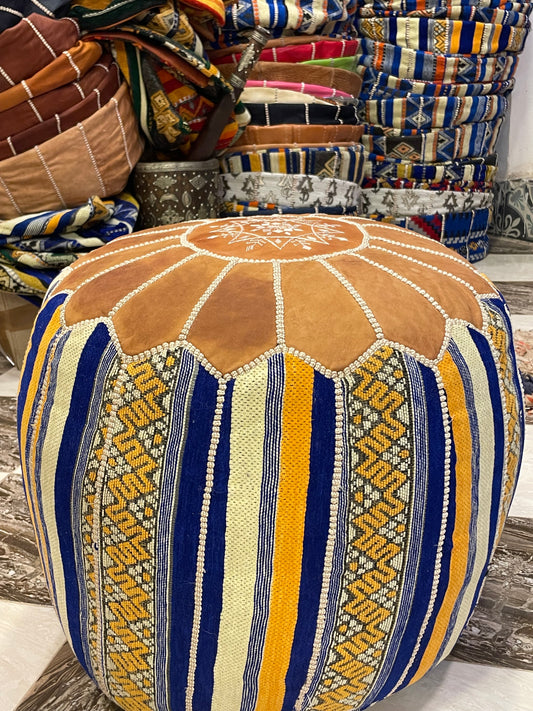 Moroccan Leather Pouf – Hamsa Hand Ottoman | Handmade Boho Decor