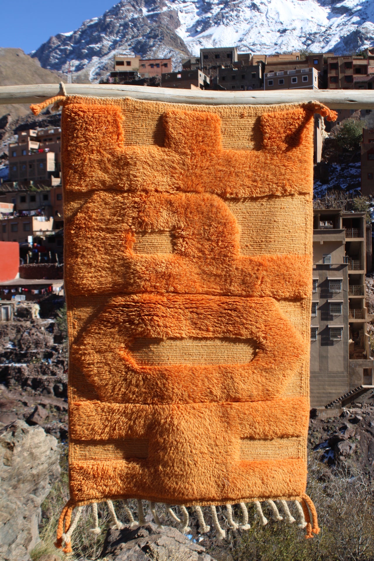 Handmade Moroccan HOPE Rug – Bright Orange Tufted Wool Art Carpet – Inspirational Berber Decor size 120x70 cm