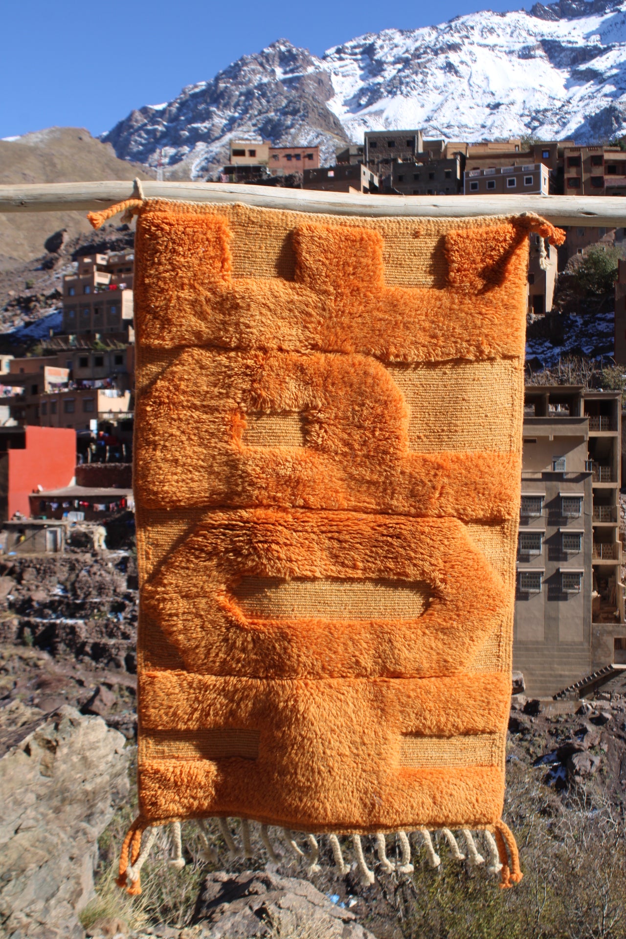 Handmade Moroccan HOPE Rug – Bright Orange Tufted Wool Art Carpet – Inspirational Berber Decor size 120x70 cm