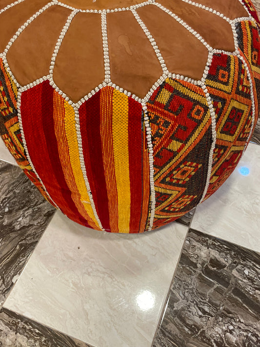 moroccan pouf, leather pouf, handmade ottoman, hamsa pouf, boho decor, beige pouf, footstool, artisanal furniture, morocco home decor, unfilled pouf
