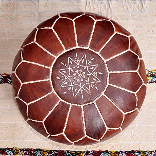 D.Art Group- Moroccan Pouf - Genuine Goatskin Leather - Bohemian Living Room Decor - Hassock & Ottoman Footstool - Round & Large Ottoman Pouf - Unstuffed (Dark Brown)