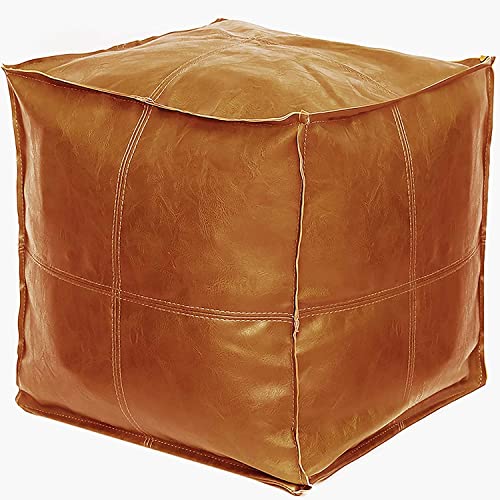 Pouf Ottoman, Unstuffed Pouf Cover, Handmade Faux PU Leather Moroccan, Orange Brown 17.7" Square, Foot Rest for Living Room, Floor Chair Gifts for Men Women…