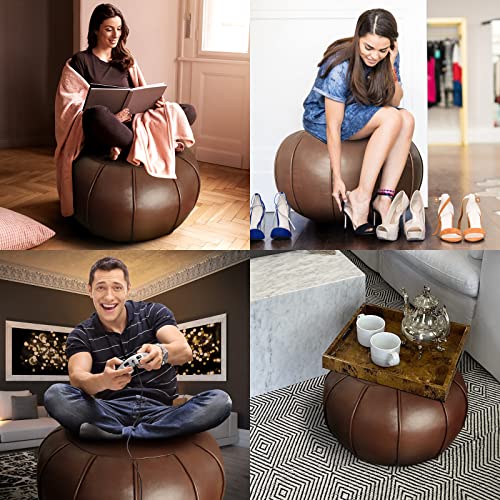 Dayer Home Pouf Ottoman, Unstuffed Round Pouf Ottoman Cover, Faux Leather Moroccan Footstool, Storage Solution - Natural Brown Color (Brown, 21x13) Poufs for Lving Room Gifts for Women Man