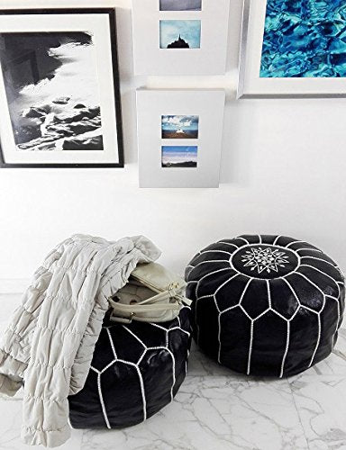 Moroccan-House | Set of 2 Moroccan Poufs, Handmade Natural Leather Pouf, Ottoman Pouf Home Decor, Floor Pouf, Footstool, Black Leather & White Stitching