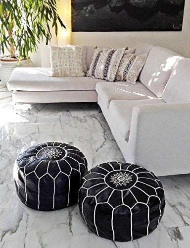 Moroccan-House | Set of 2 Moroccan Poufs, Handmade Natural Leather Pouf, Ottoman Pouf Home Decor, Floor Pouf, Footstool, Black Leather & White Stitching
