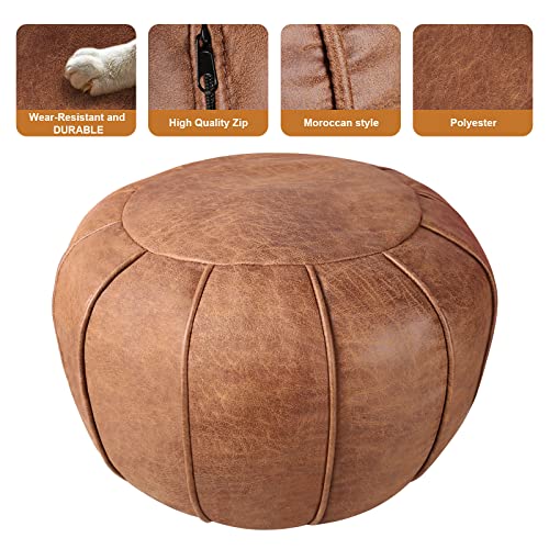 Dayer Home Pouf Ottoman, Unstuffed Round Pouf Ottoman Cover, Faux Leather Moroccan Footstool, Storage Solution - Natural Brown Color (Brown, 21x13) Poufs for Lving Room Gifts for Women Man