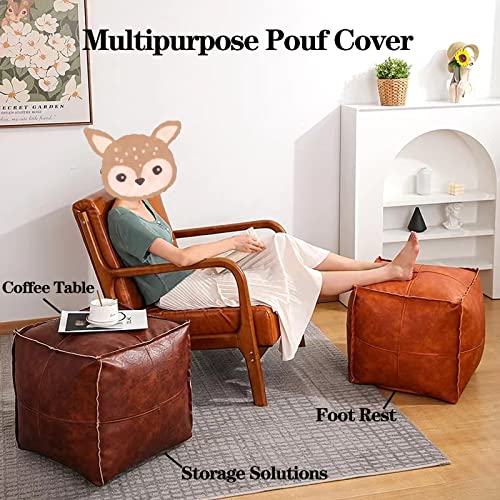 Pouf Ottoman, Unstuffed Pouf Cover, Handmade Faux PU Leather Moroccan, Orange Brown 17.7" Square, Foot Rest for Living Room, Floor Chair Gifts for Men Women…