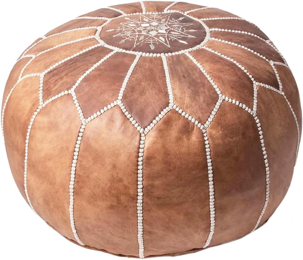 Fezcrafts Genuine Leather Moroccan Ottoman Prefilled Stuffed Moroccan Pouf Footresf Livin Room Cocktail Seats Goatskin Tribal Bohemian Home Decor (TAN)