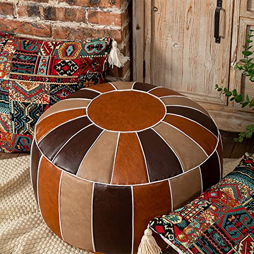 Vannaey Pouf Ottoman Foot Stool, PU Leather Pouf Cover Footstool Footrest Floor Cushion, Unstuffed Handmade Round Ottoman, Poufs for Living Room, Bedroom (No Stuffing)