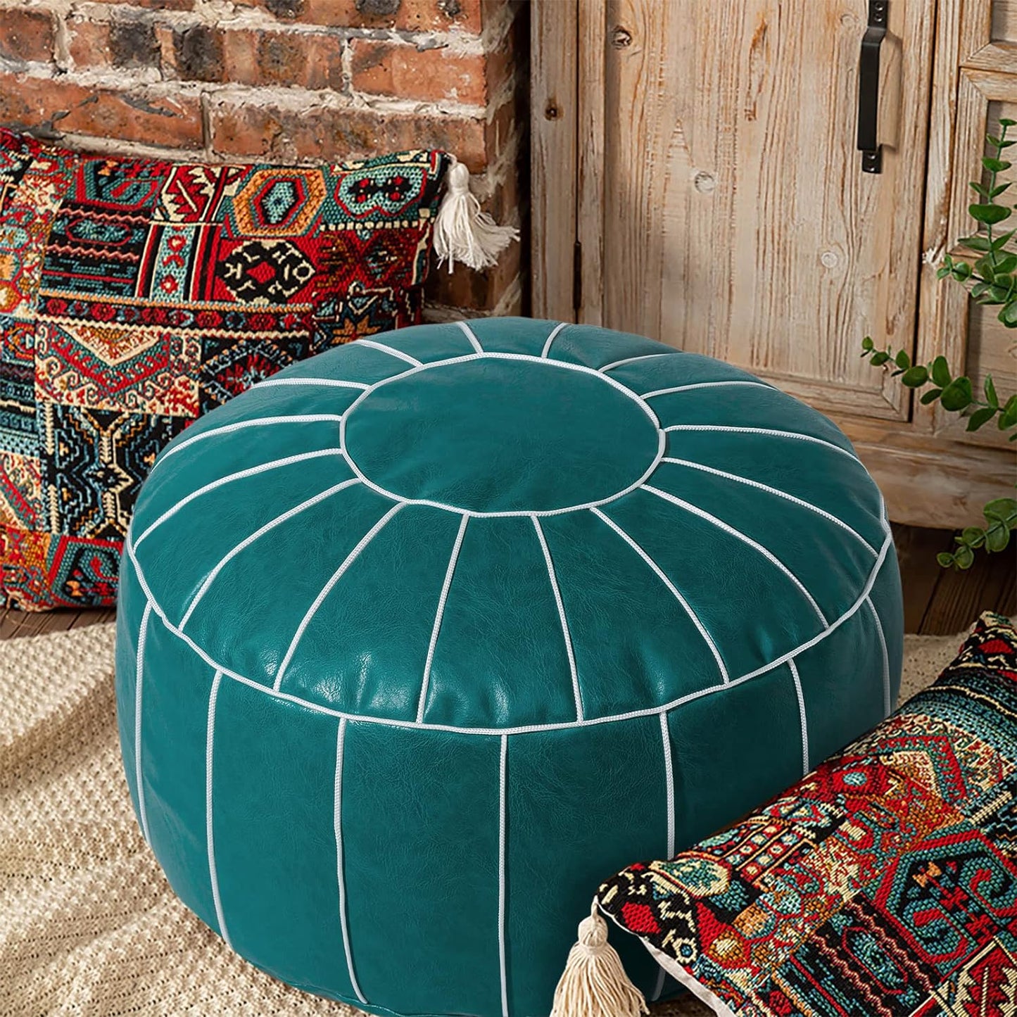 Vannaey Pouf Ottoman Foot Stool, Unstuffed Handmade Round Ottoman, PU Leather Pouf Cover Footstool Footrest Floor Cushion with Storage Moroccan Poufs for Living Room, Bedroom (No Stuffing)