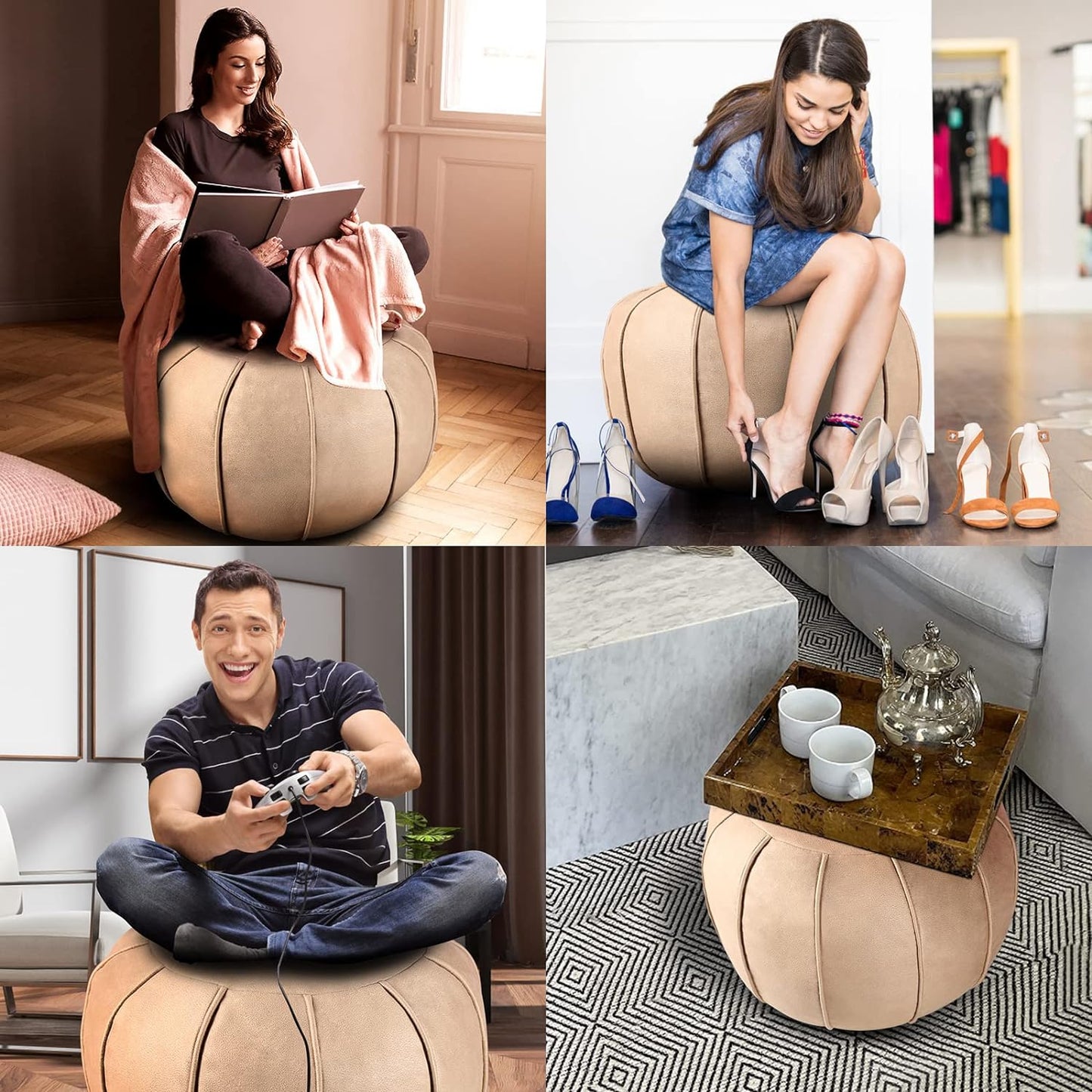 Pouf Ottoman Cover, Pouf Ottoman Foot Rest, Unstuffed Round Faux Leather Moroccan Decor, Storage Solution Footstool, Pouffe Seat for Balcony 21dia Yellow Brown, Poufs for Lving Room Gifts for Women