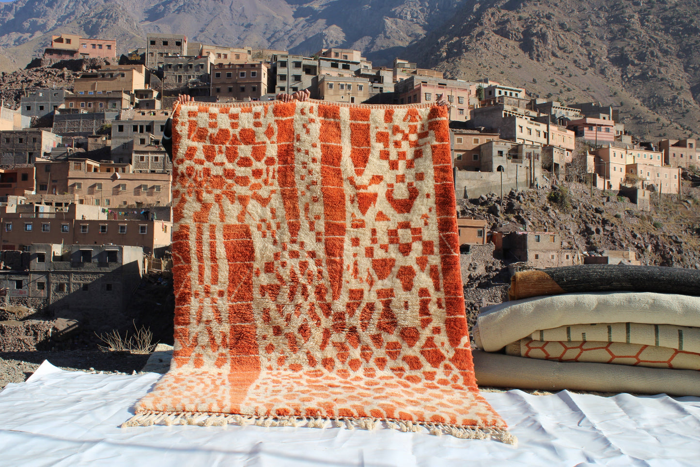 Beni Ourain rugs originate from the Atlas Mountains of Morocco and are characterized by their distinctive, neutral-toned, and geometric designs. These handwoven rugs often feature a plush pile and are made by the Berber tribes,  size is 270x180 cm