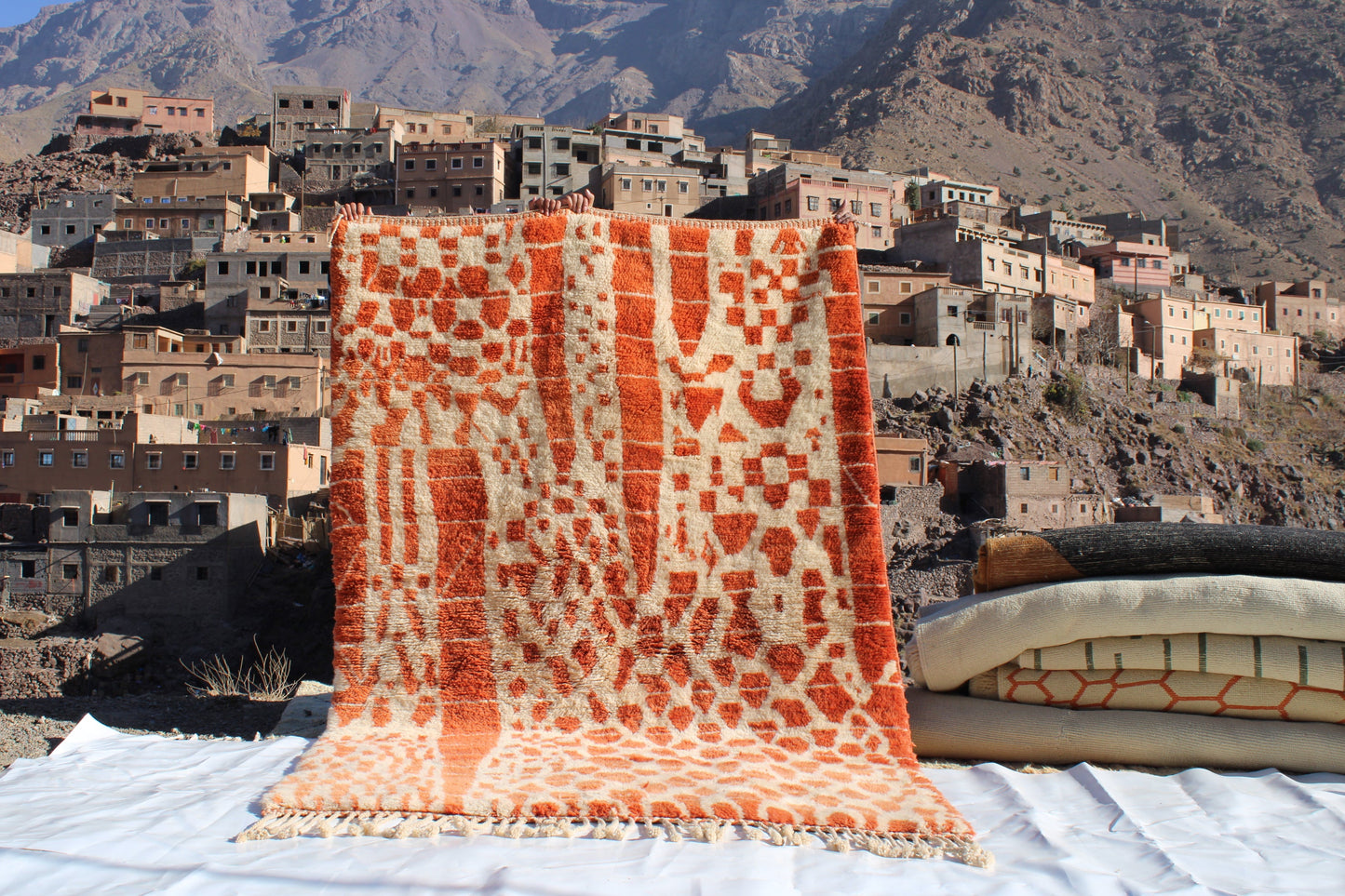 Beni Ourain rugs originate from the Atlas Mountains of Morocco and are characterized by their distinctive, neutral-toned, and geometric designs. These handwoven rugs often feature a plush pile and are made by the Berber tribes,  size is 270x180 cm