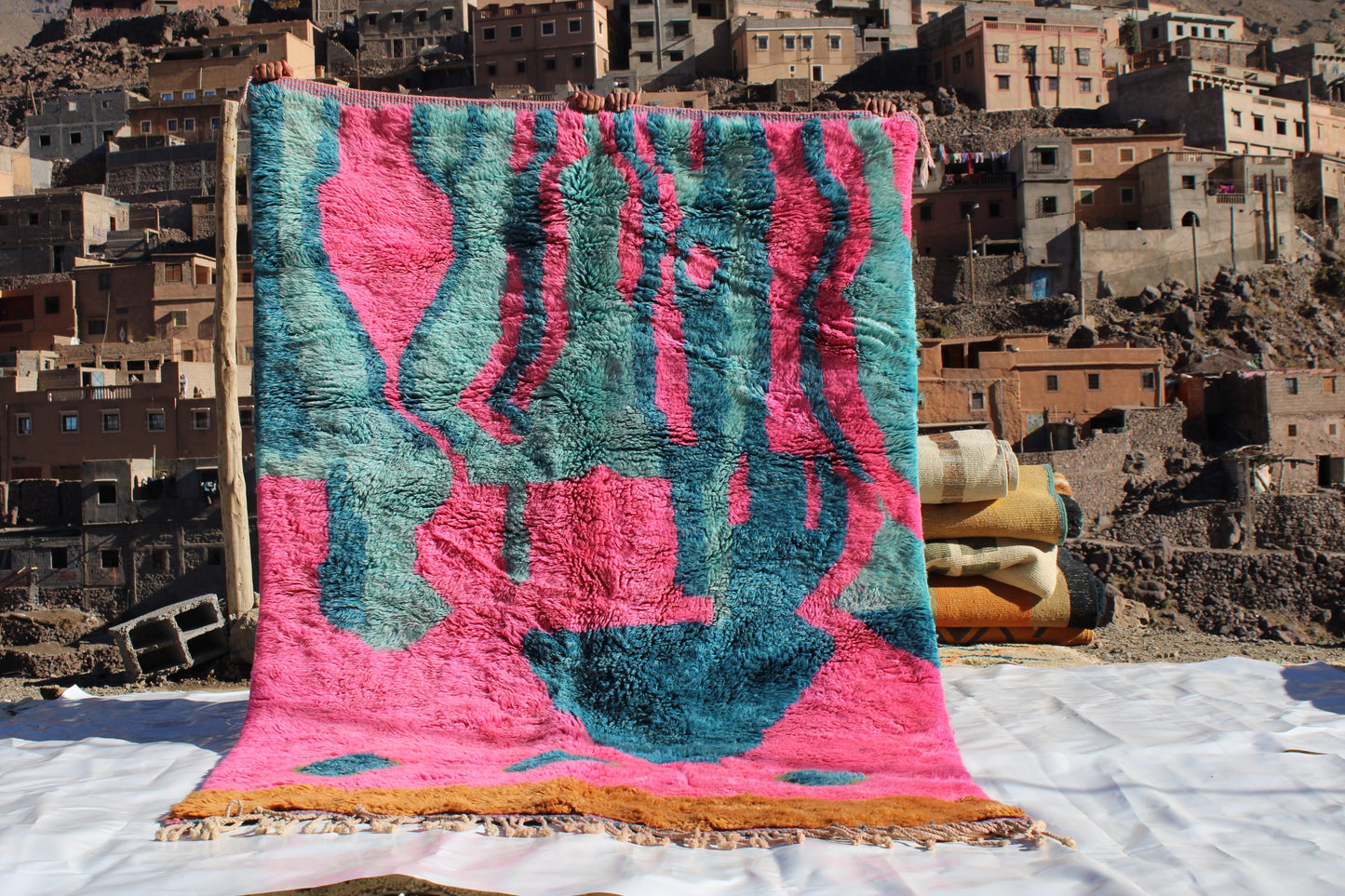 Beni Ourain rugs originate from the Atlas Mountains of Morocco and are characterized by their distinctive, neutral-toned, and geometric designs. These handwoven rugs often feature a plush pile and are made by the Berber tribes,  size is 263x177 cm